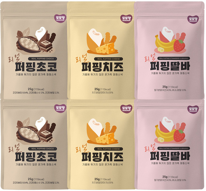 또또맘 유아용 리얼 퍼핑 스낵 3종 세트, 2세트, 초코, 치즈, 딸기 + 바나나 혼합맛