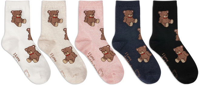 박군 여성용 테디패턴 중목 양말 5족 세트