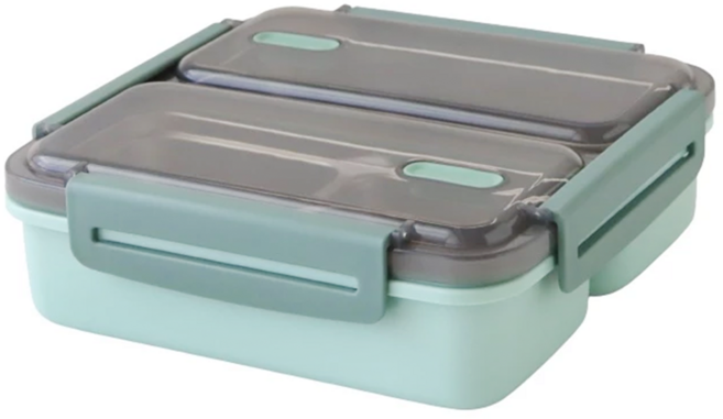 JUST HOME 密封隔熱304不鏽鋼3格便當盒 綠色 19.7x19.7x6.2cm, 1組