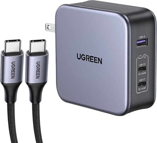 UGREEN 綠聯 140W氮化鎵GaN三孔高速充電器 2C1A 290g, 銀色, 1個