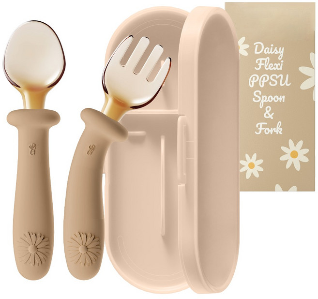 티지엠 데이지 플렉시 PPSU 자기주도 이유식 휘어지는 각도 조절 스푼 포크 케이스 세트, 탠브라운, 1세트