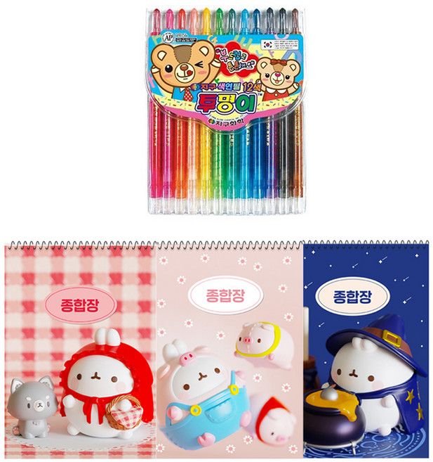 몰랑이 두툼 종합장 랜덤발송 3p + 지구화학 투명이 12색 색연필, 혼합색상, 1세트