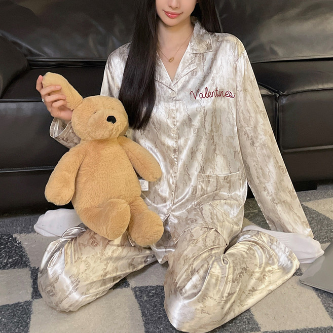 세컨핑크 커플용 벨라 실크 셔츠 긴팔 잠옷 상하의 세트 #467