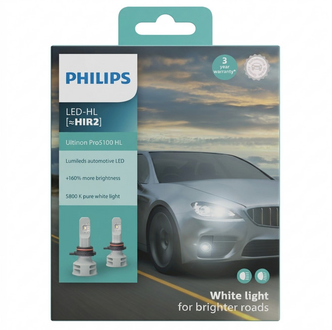 PHILIPS 飛利浦 台灣公司貨 Ultinon Pro5100全新銳鑽光LED頭燈第二代2入組 5800K+160%, HIR2, 1套