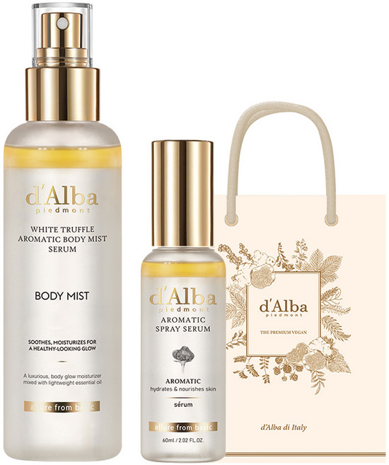 [비건뷰티] 달바 화이트 트러플 퍼스트 아로마틱 스프레이 세럼 60ml + 아로마틱 바디 미스트 세럼 180ml + 기프트백, 1세트