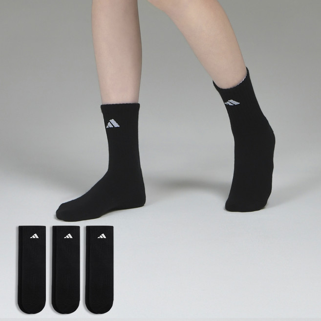 아디다스 심플 쿠션 중목 스포츠양말, 블랙, 3세트