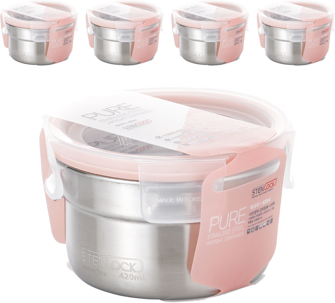 스텐락 퓨어 밀폐용기 원형 4호 420ml, 5개, 용기 + 뚜껑