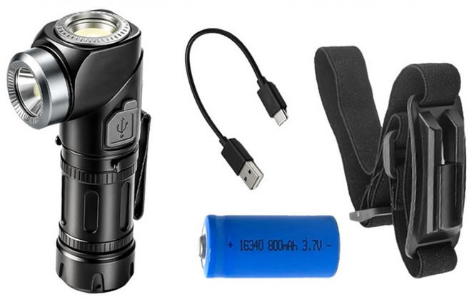 EZlife 雙頭90°旋轉磁吸強光頭燈手電筒 手電筒 + 16340電池 + Type-C 充電線 + 彈性頭帶, 黑色, 1套