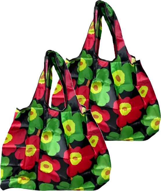 超質感厚實環保購物袋, 黑底綠花朵, 2個