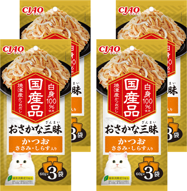 INABA CIAO 啾嚕 豪華魚三昧餐包, 180g, 4袋, 鰹魚 + 雞肉 + 吻仔魚