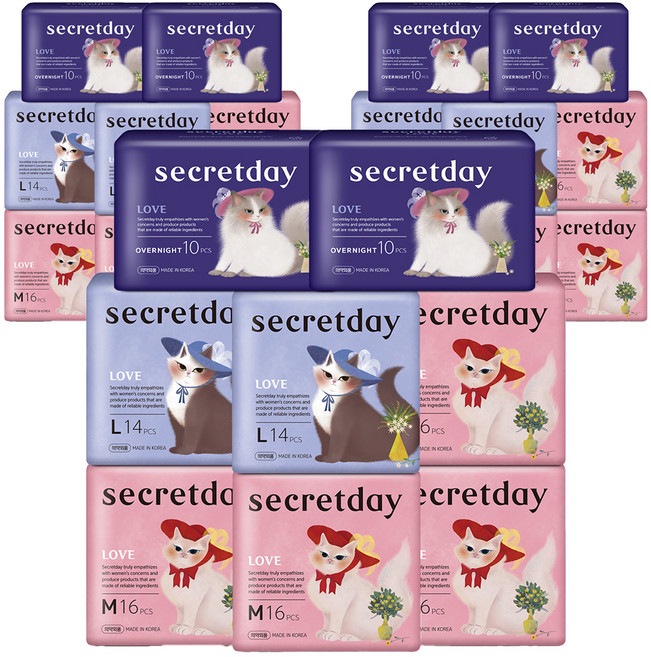 시크릿데이 생리대 러브 중형 16p x 4팩 + 대형 14p x 2팩 + 러브 오버나이트 10p x 2팩, 3세트