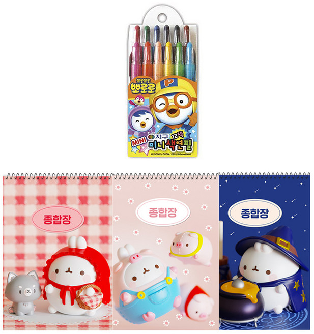 몰랑이 두툼 종합장 랜덤발송 3p + 지구화학 뽀로로 미니 12색 색연필, 혼합색상, 1세트