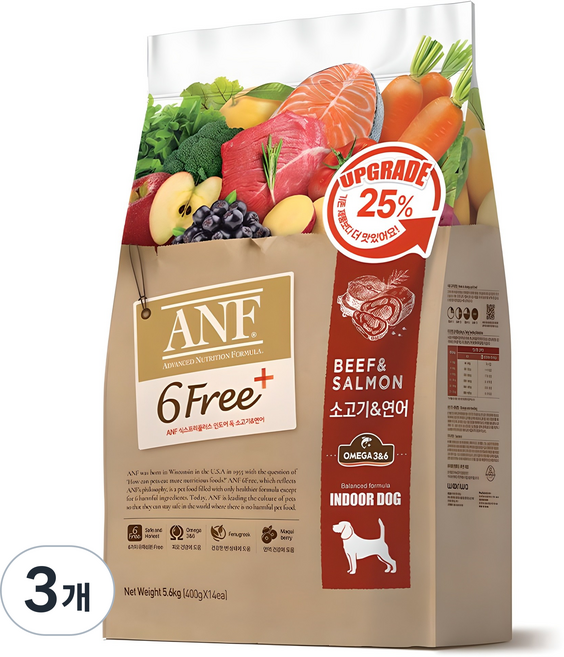 ANF 전연령 강아지 식스프리 플러스 인도어 독 건식사료, 소+연어, 5.6kg, 3개