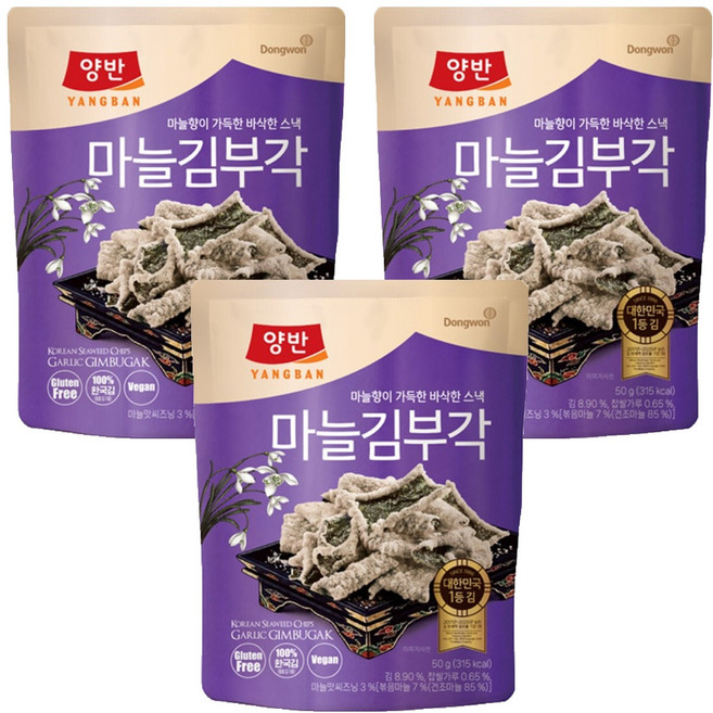 Dongwon 東遠 兩班 蒜味海苔脆片, 50g, 3個
