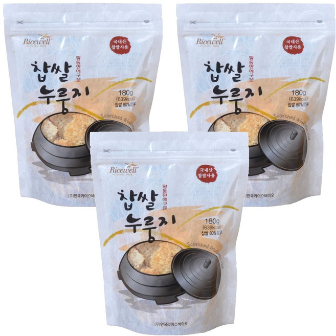 라이스웰 황동판에 구운 찹쌀 누룽지, 180g, 3개