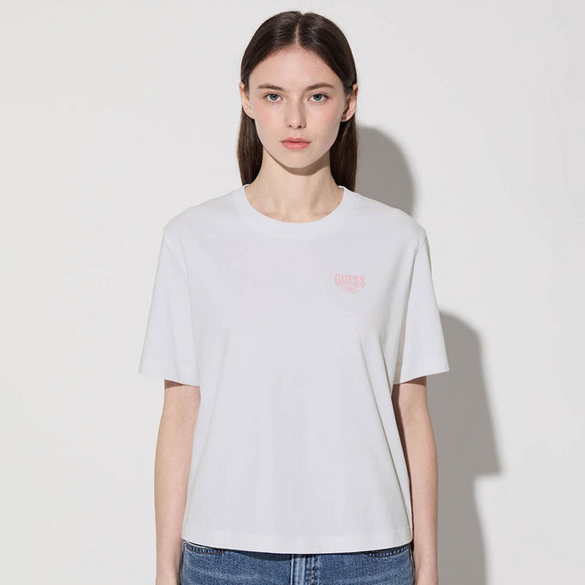 게스 남녀공용 유니 세미오버 백 팜트리 워터 프린트 반팔 티셔츠 MP2K9425