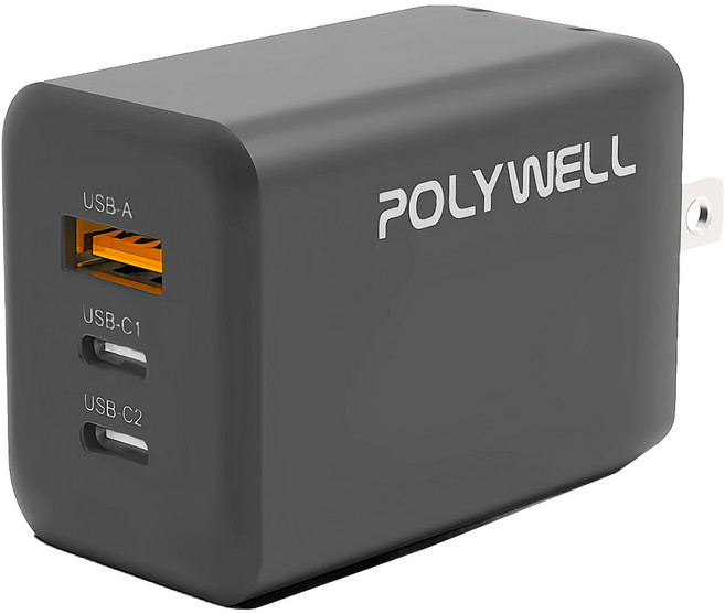 POLYWELL 寶利威爾 65W三孔PD快充頭 雙C+USB充電器 GaN氮化鎵 BSMI PW15-T05-A103, 黑色, 1個