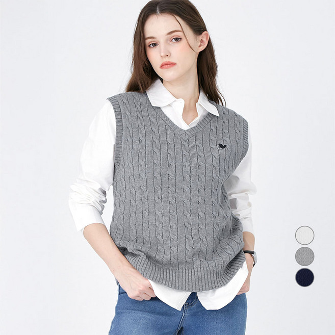 ELLE PARIS 여성용 루즈핏 자수 로고 브이넥 니트 베스트