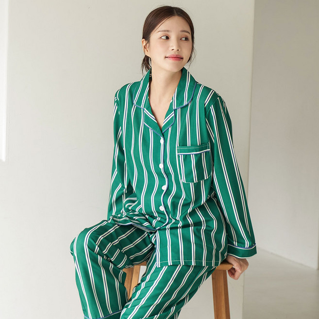 GLAM GONGGAM Pablo 翻領條紋情侶長袖睡衣上下套組