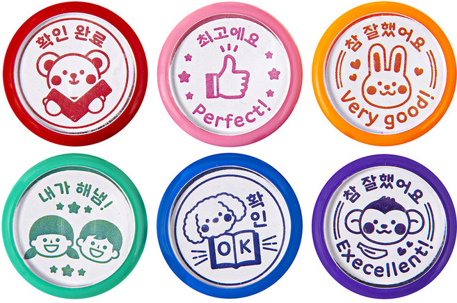 코멧 베이직 선생님용 칭찬 스탬프 6종 세트, 레드, 핑크, 오렌지, 민트, 블루, 퍼플, 1세트