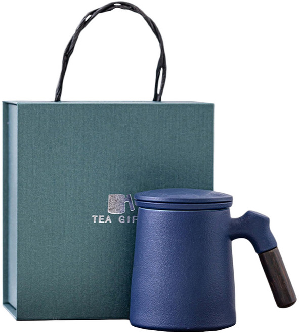 LifeHouse 木柄陶瓷馬克杯寬底禮盒款 藍色, 1組