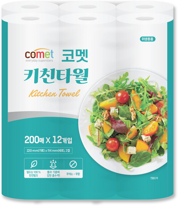 코멧 천연펄프 키친타월, 12개, 200매