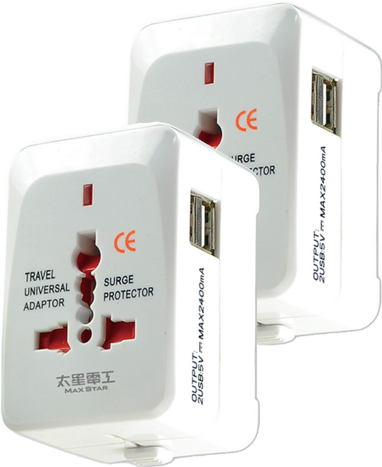MAX STAR 太星電工 多國轉換旅行用插座 附2USB, 2個, 白色, 8.1cm