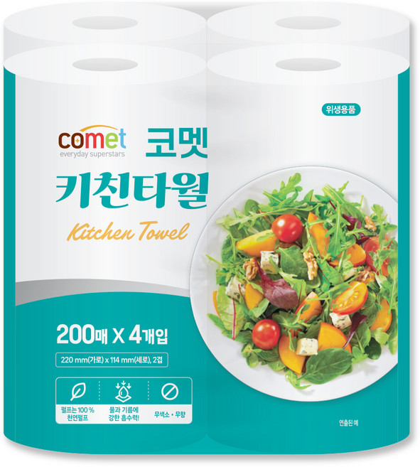 코멧 천연펄프 키친타월, 4개, 200매
