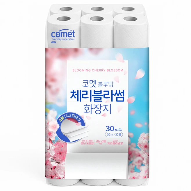 코멧 블루밍 체리블라썸 화장지, 1팩, 30롤, 30m - 쿠팡