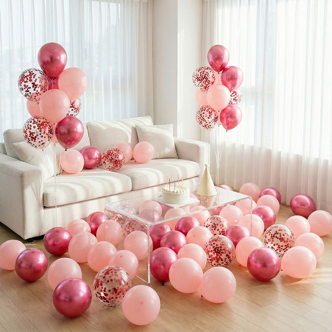 뷰라뷰 파티풍선 50p + 공기펌프 + 10m 리본 1롤, 11핑크 + 텐더핑크 + 레드스팽글, 1세트