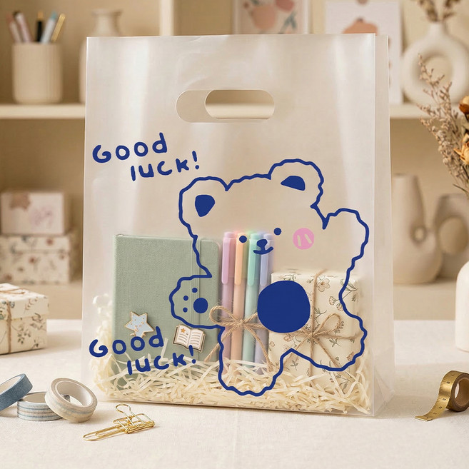 펜시픽 반투명 선물용 손잡이 굿럭 곰돌이 비닐 쇼핑백 대형, 혼합색상, 50개