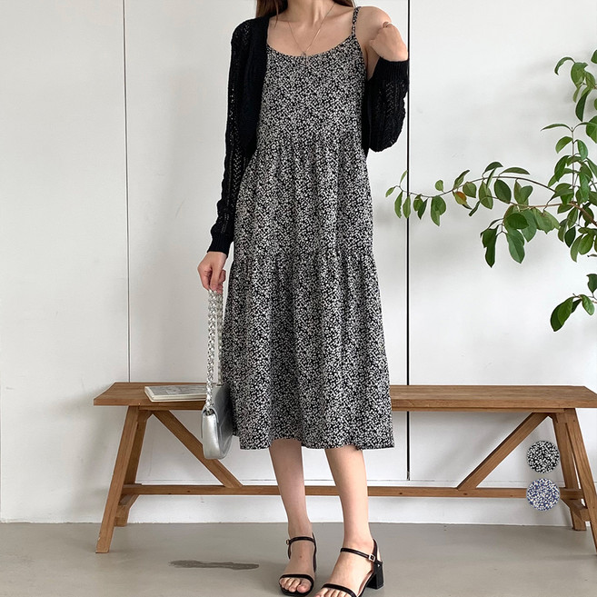 afinar 女款碎花蛋糕裙馬甲長洋裝, 黑色