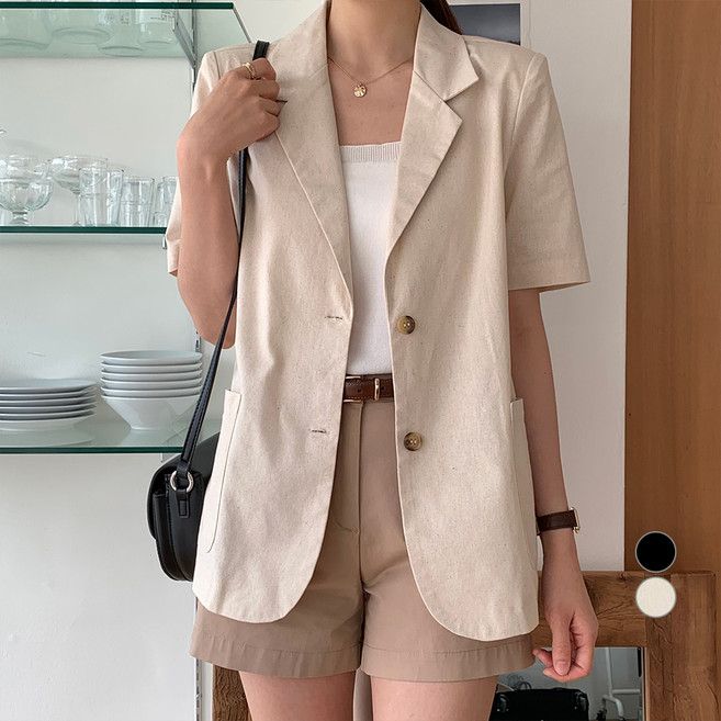 afinar 女款寬鬆仿亞麻短袖夾克