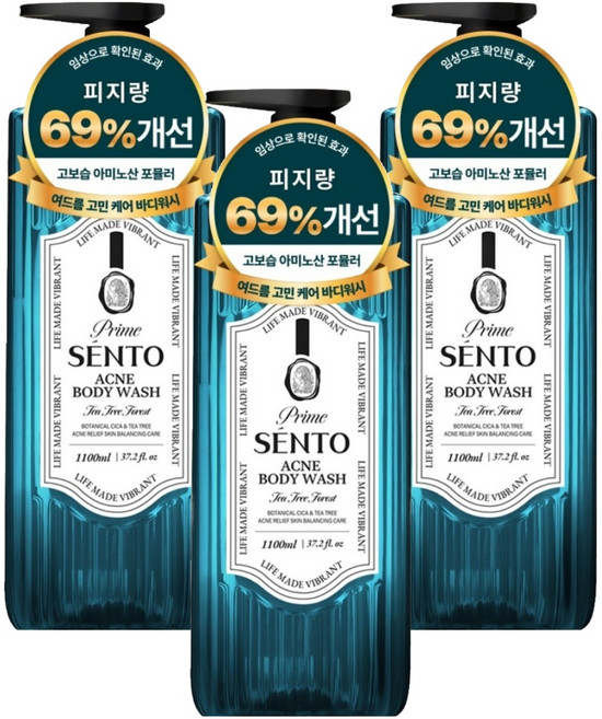 센토 프라임 보타니컬 시카 여드름케어 약산성 바디워시 티트리 포레스트향, 3개, 1.1L