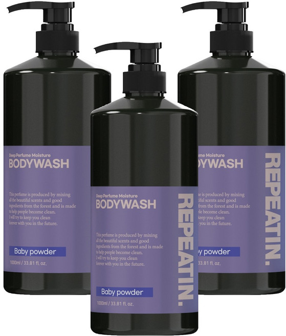 리피트인 딥퍼퓸 모이스처 판테놀 약산성 바디워시 베이비파우더향, 1L, 3개