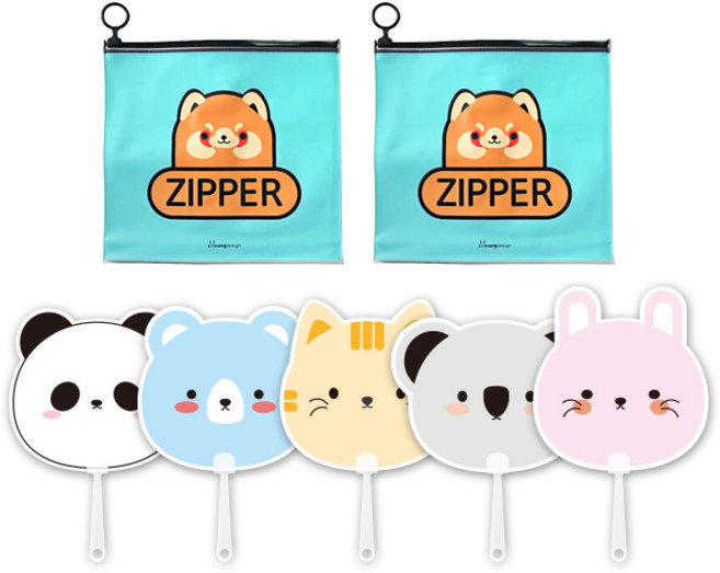 애니멀 프랜즈 부채 5p + 애니멀 지퍼백 미디움 2p 세트, 민트(지퍼백), 랜덤발송(부채), 1세트