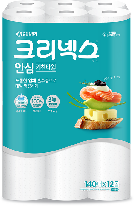크리넥스 안심 천연펄프 키친타월, 140매, 12개