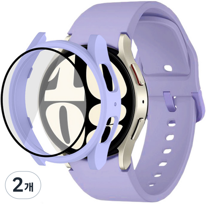 루아러블 갤럭시워치 액정보호 강화유리 필름 풀커버 케이스 + 실리콘 스트랩 세트, 라이트퍼플, 2개