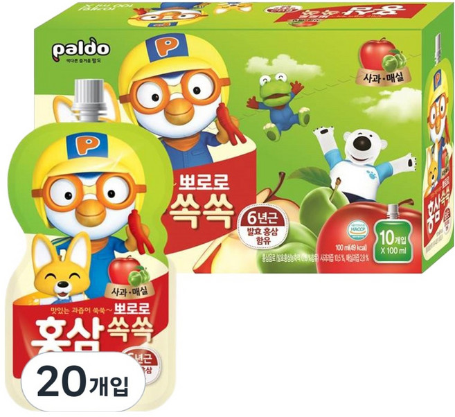 paldo 八道 孩童Pororo紅蔘飲 蘋果梅子口味 10包入, 100ml, 20包