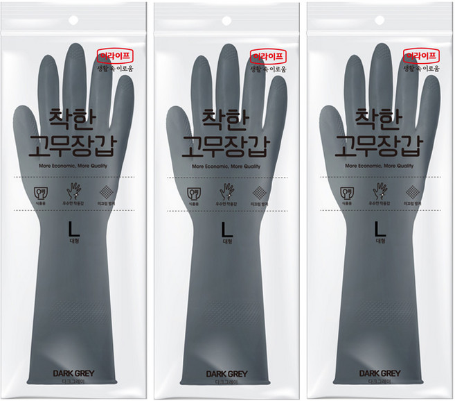 롯데이라이프 착한 고무장갑, 다크그레이, 대(L), 3세트