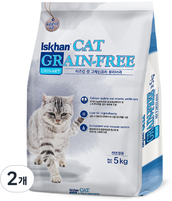 이즈칸 캣 그레인프리 기능성 사료, 유리너리+헤어볼, 5kg, 2개