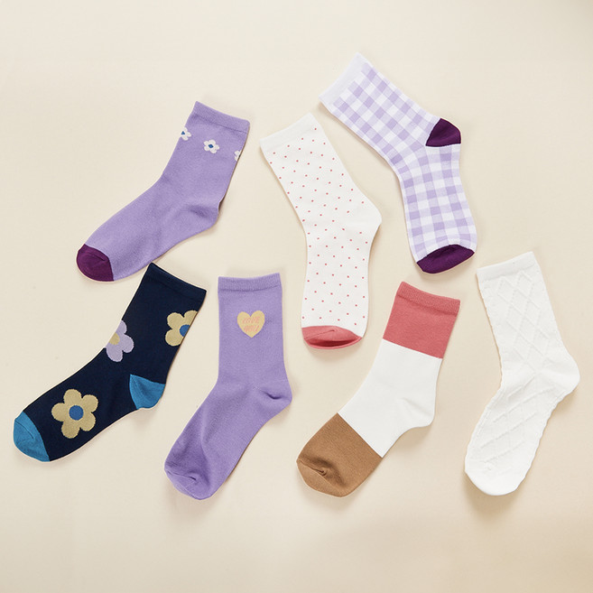 베이스알파에센셜 여성용 패션 콤보 중목 양말 7켤레 세트