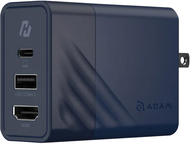 ADAM elements 亞果元素 GaN Hub 65W 3 Ports 1m Cable 影像傳輸 電源供應器 PD Fast Charging HDMI 4K@60Hz Foldable Prongs 藍色