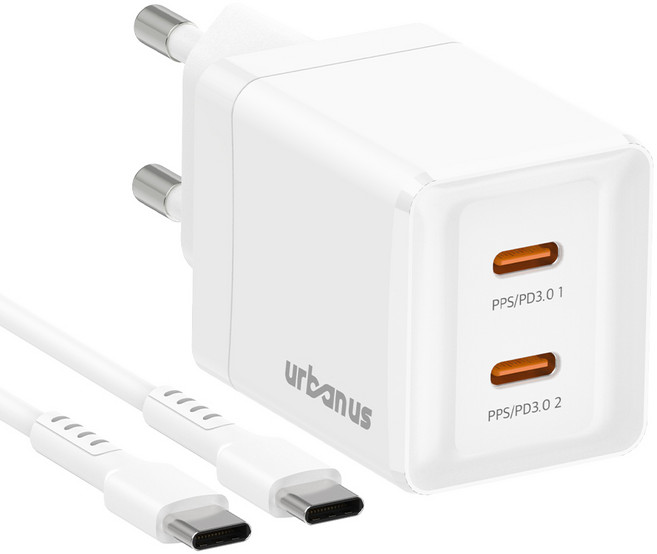 어반어스 GaN 45W 미니 C타입 2포트 PD PPS 초고속 충전기 60W C to C 케이블 1.5m, 화이트, 1개