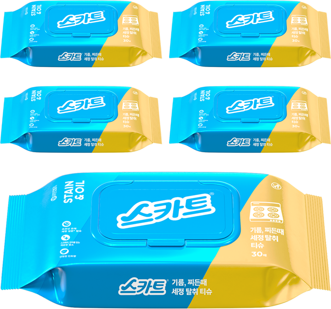 스카트 기름 찌든때 세정 탈취 티슈 30매, 5개
