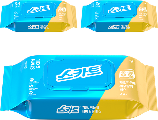 스카트 기름 찌든때 세정 탈취 티슈 30매, 3개