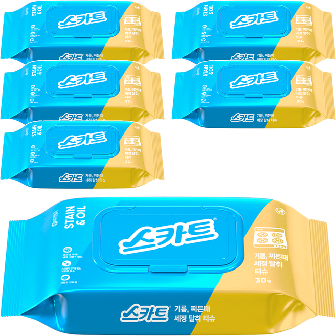 스카트 기름 찌든때 세정 탈취 티슈 30매, 6개