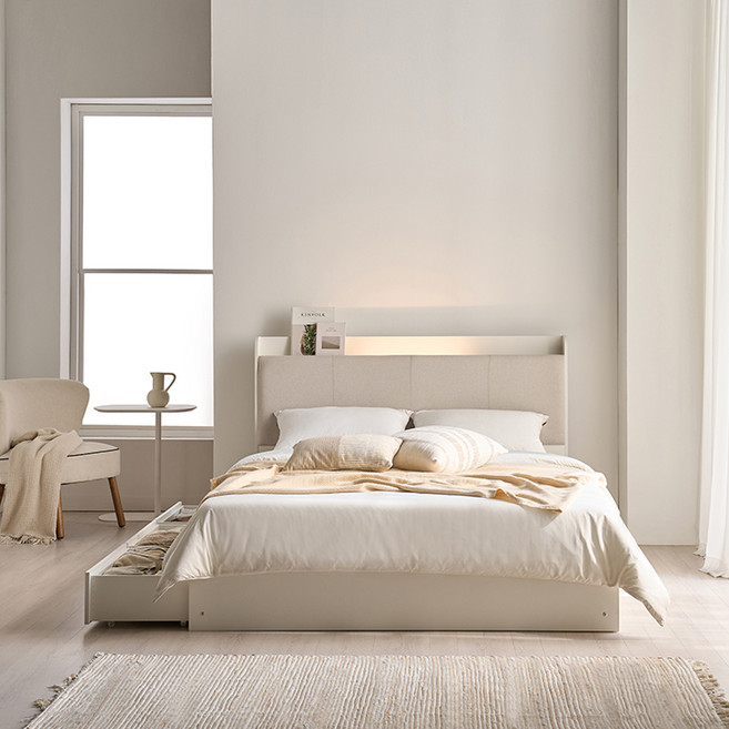 삼익가구 루어 패브릭 LED조명 빅서랍 3단 수납침대 프레임 단품 방문설치, 화이트