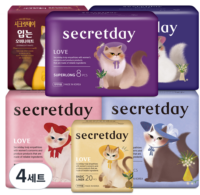 시크릿데이 러브 중형 생리대 날개형 16p + 러브 대형 생리대 날개형 14p + 오버나이트 생리대 XL 10p + 슈퍼롱 XXL 생리대 8p + 팬티라이너 생리대 20p + 입는 오버나이트 생리대 중형 4p 세트, 4세트