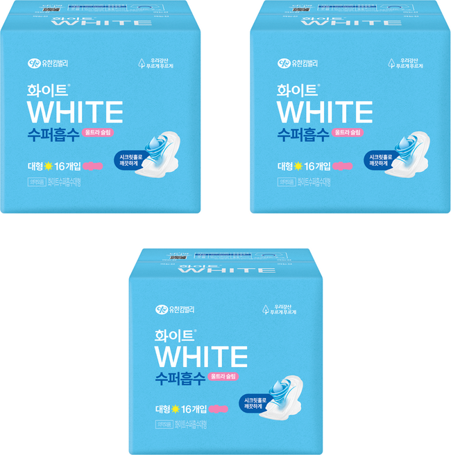 화이트 수퍼흡수 울트라슬림 생리대 날개형, 대형, 16개입, 3개